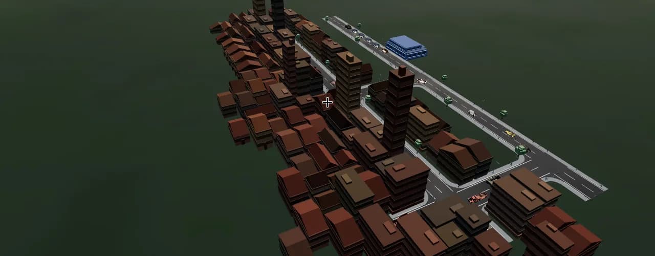 A 3D view over a grown town on empty land: packed houses, a few towers, cars on the road.